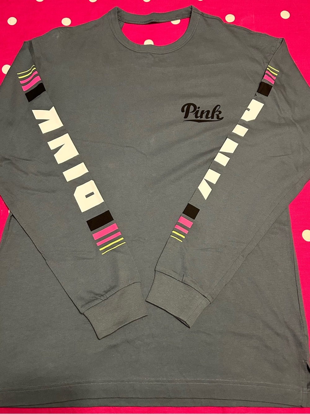 PINK Victoria's Secret Gray Long-Sleeve Graphic Tee with Pink & Neon Accents XS